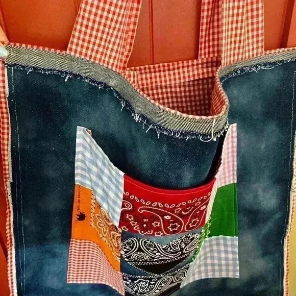 Handmade Boho Bandana Patchwork Denim tote bag - Picture 4 of 14